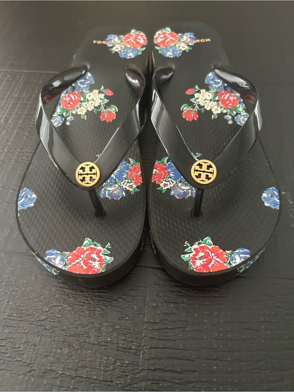 Tory Burch Black Sandal with Red & Blue Floral Print and Gold Logo